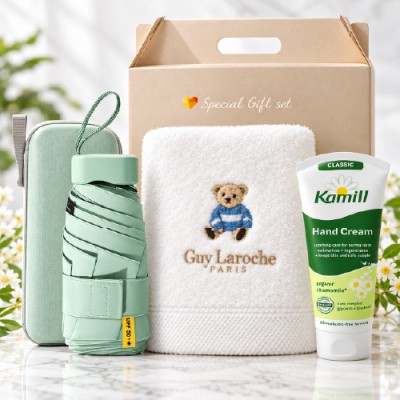 브생건 3종세트 26-12호(베어타올수건150g+여미니 파스텔 5단암막양우산+카밀 100ml 핸드크림)