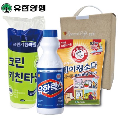 스위트홈세트16호 (크린키친타올+유한양행유한락스500ml+암앤해머베이킹소다500g)3종(손잡이고급케이스)